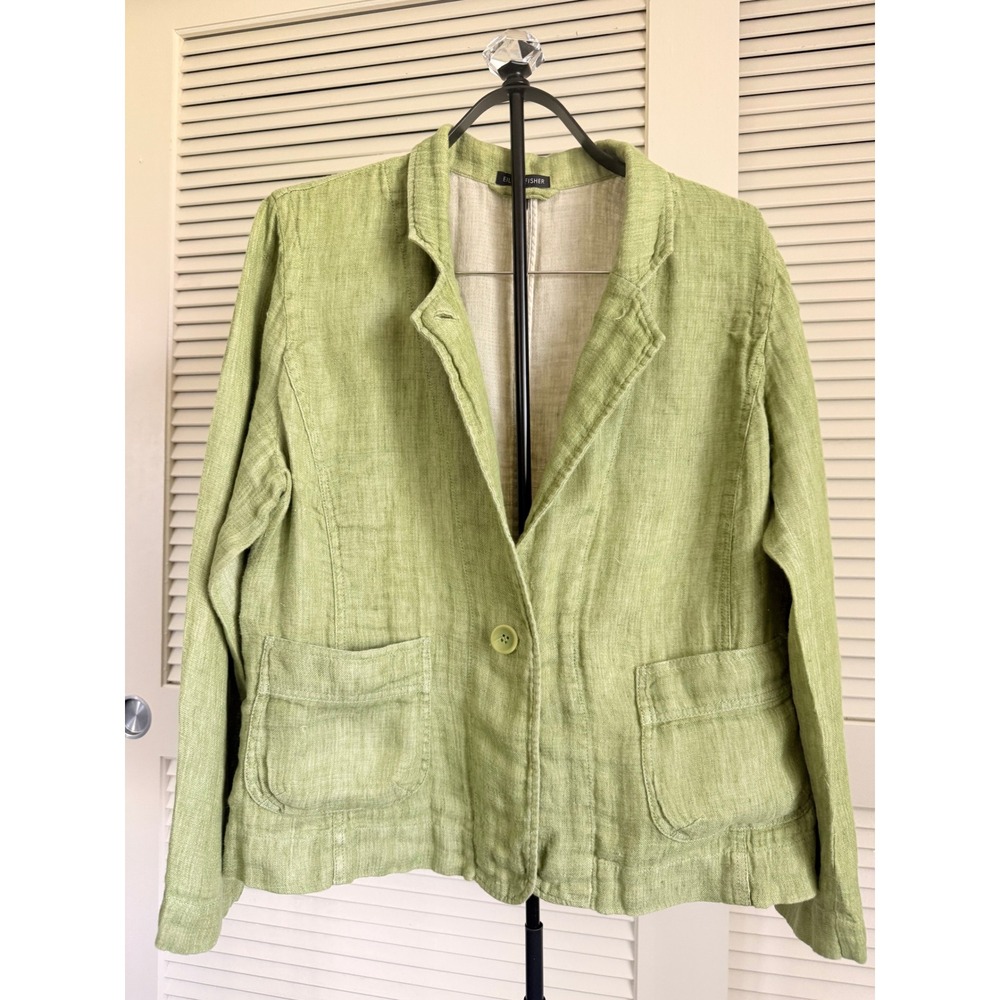 Eileen Fisher Green 100% Linen Single Button Blazer Jacket XL